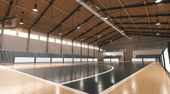 Basketball court with hoop and tribune mockup, side view, 3d rendering, 3d rendering. Professional outline area for basket-ball match. Wood parquet surface for teamwork jump template.