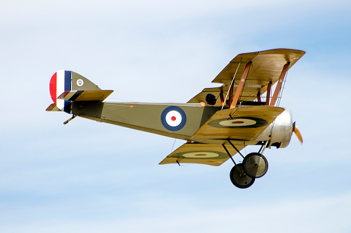 Replica Nieuport 28 World War 1 biplane in British Royal Flying Corps military colors.