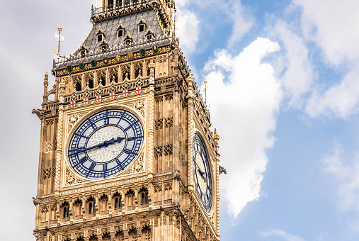 A close-up of the restored clockface of Big Ben in Westminster, central London.