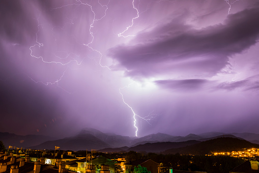 Lightning in Olot, La Garrotxa, Girona, Spain. Europe
