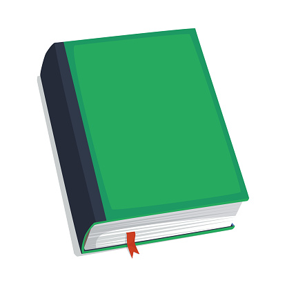 A thick green book lies on the surface. Flat vector illustration. Eps10