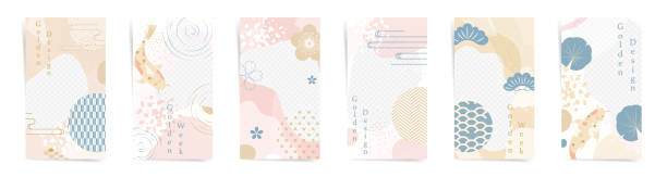 ilustrações de stock, clip art, desenhos animados e ícones de asian spring sale stories banners oriental template set. summer design for insta story and promo posts. design with japan wavy patterns, flowers, and abstract shapes in pink, golden, beige colors set. - típico oriental