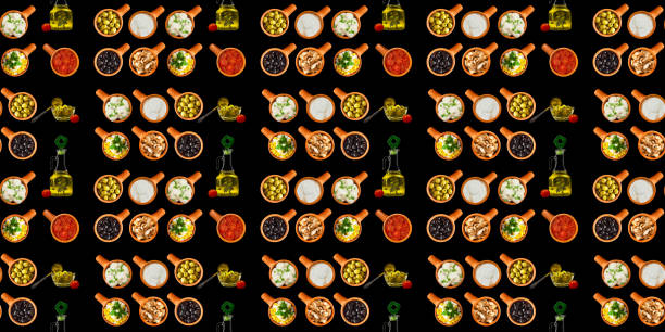Seamless pattern with various snacks and ingredients in ceramic cups, on a black background. stock photo