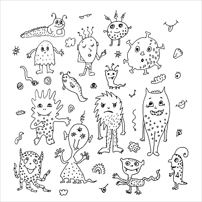 Doodle monsters drawn fictional funny creatures. Black scribbles on a white background