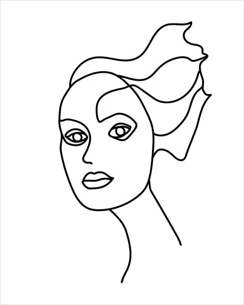 Vector illustration of Girl Line Art. Vector image of a beautiful face with a single line. A woman's face. Print for T-shirts, notebooks, notebooks.