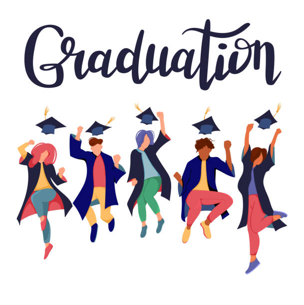 Group of happy diverse academy graduates jumping. International university students in traditional black academic gowns and caps celebrating graduation. Vector illustration with lettering Graduation Group of happy diverse academy graduates jumping under lettering Graduation pics for graduation free stock illustrations
