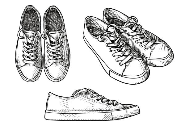 Set Of Vector Drawings Of A Pair Of Trainers Shoes Stock Illustration -  Download Image Now - Pair, Shoe, Black And White - iStock