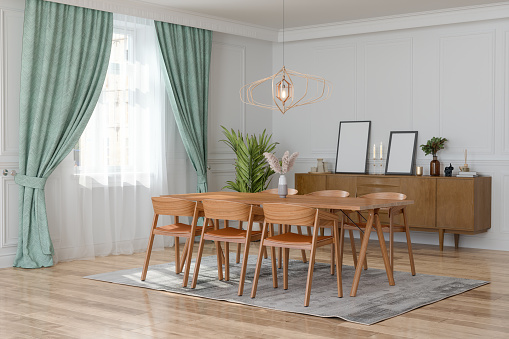 Modern Dining Room Interior With Wooden Dining Table, Chairs, Sideboard And Mock-up Posters