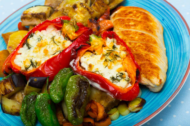 istock Baked vegetables and roasted chicken fillet 1389536877