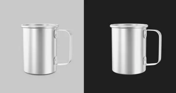 Photo of Steel Mug Mock up isolated. Perspective, bottom and Top view. Metal Cup.High resolution 3D illustration.