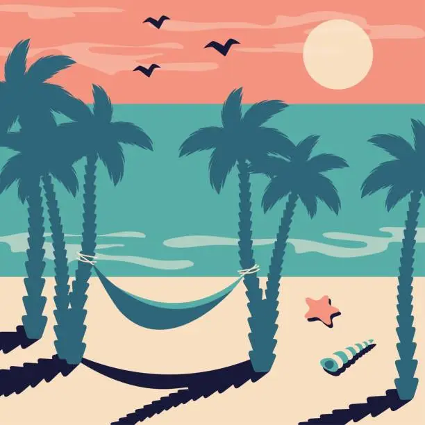 Vector illustration of Summer beach vintage background. Beautiful seascape with silhouettes of tropical palm leaves, sunrise, hammock, starfish, seashells, ocean. Vector cartoon flat illustration for travel, vintage card, vacation holidays, resort, poster