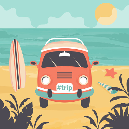 Family car trip. Summer beach background with bus camper, surfboards, tropical exotic leaves, starfish, seashells, ocean. Travel by minibus concept. Vector cartoon flat illustration