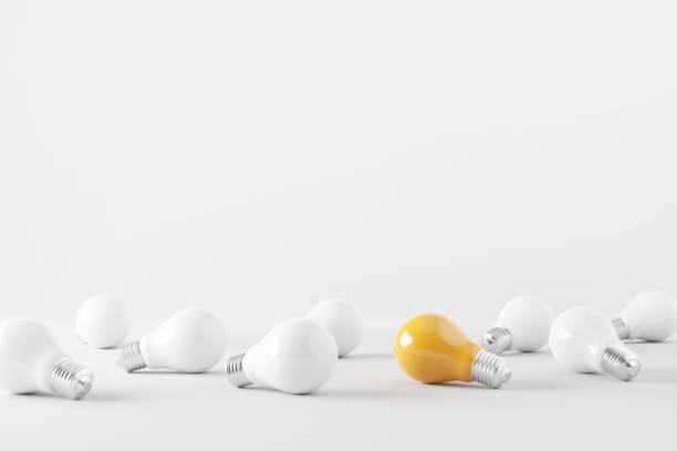 istock Minimal idea of yellow light bulb surrounded with white bulbs on white background. Idea creative Concept. Copy space. 1389539611
