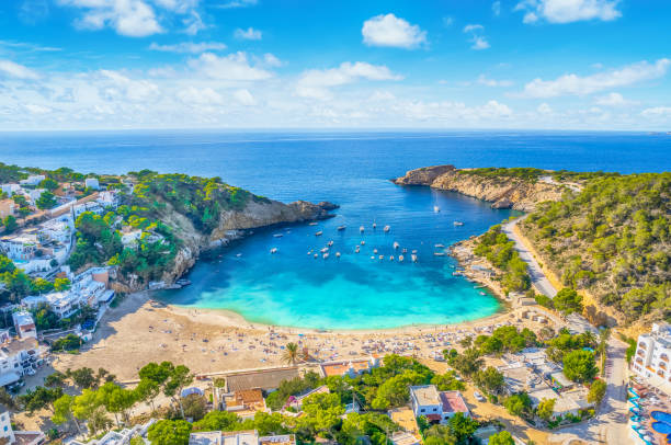 Aerial view of Cala Saladeta, Ibiza Aerial view of Cala Saladeta, Ibiza islands, Spain ibiza island stock pictures, royalty-free photos & images