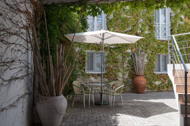 istock Beautiful backyard with table, chairs and umbrella. Green corner with climbing plants and flower pots. Setubal, Portugal 1389545364