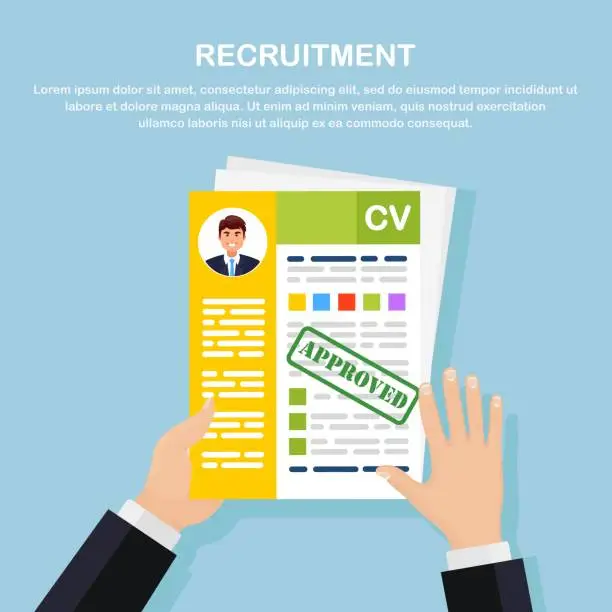 Vector illustration of CV business resume in hand. Job interview, recruitment, search employer concept. Vector design