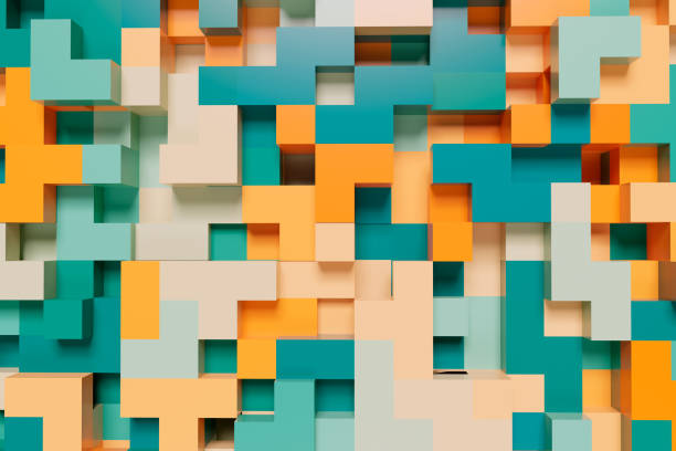 istock Colorful abstract geometric 3d background with different elements and colors for your design. Abstract shapes from tetris game. 3d rendering illustration. 1389547509