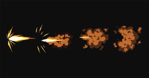 Vector illustration of Gun flashes or gunshot animation. Collection of fire explosion effect during shot with gun. Cartoon flash effect of bullet starts. Shotgun fire, muzzle flash and explode