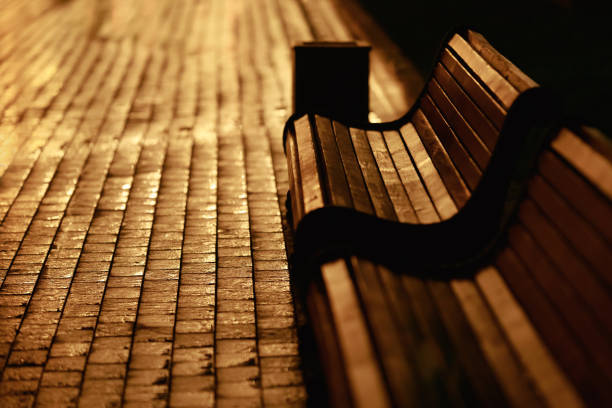 A wet empty bench in the park in the rain. Wet shiny asphalt, paving stones. Night alley in the city park