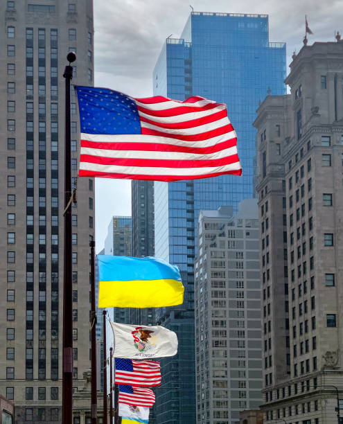 istock American and Ukraine Flag in Chicago 1389550656