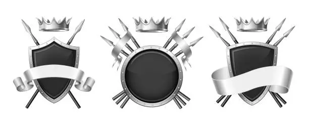 Vector illustration of Graphic emblem composed using majestic crown, protection shield, crossed spears and ribbon.