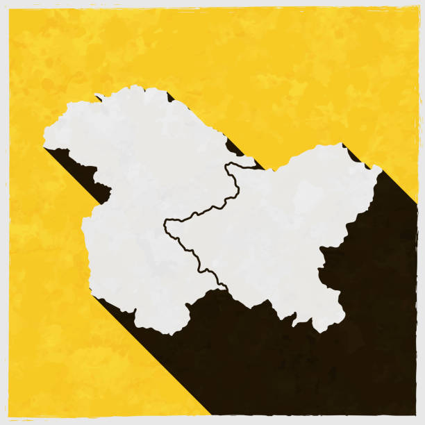 illustrations, cliparts, dessins animés et icônes de carte du jammu-et-cachemire et du ladakh avec une longue ombre sur fond jaune texturé - india map cartography pakistan