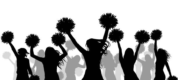 wesoła grupa cheerlederów dziewczyn z pomponami, sylwetką. ilustracja wektorowa - cheerleader stock illustrations
