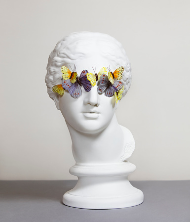 Plaster head model (mass produced replica of Head of Aphrodite of Knidos) with butterflies on her eyes