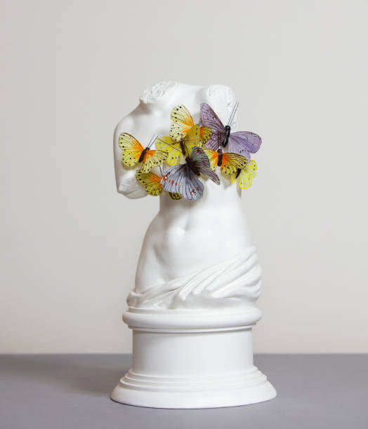 Plaster model of female torso (mass produced replica of Venus de Milo) covered with butterflies