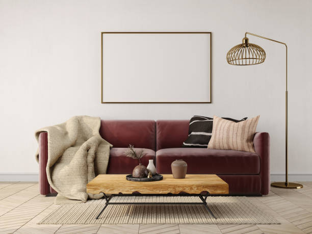 istock Mockup living room interior with wine red sofa ,table lamp and blank canvas.3d rendering 1389554339
