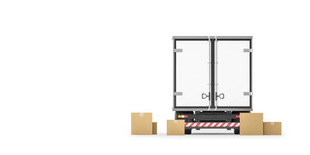 istock Back view of closed trailer isolated over white background. Mockup 1389557689