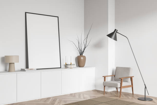 istock Corner view on bright living room interior with empty poster 1389557964