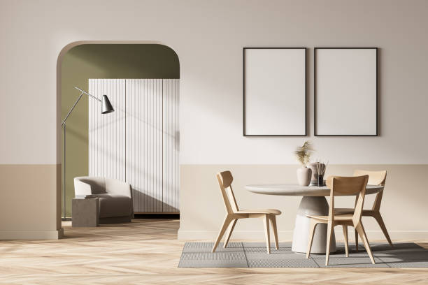 istock Guest room interior with seats and decoration, carpet. Mockup frames 1389558007