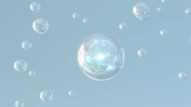 3d rendering cosmetics blue serum bubbles on defocus background - soap sud water bubble drop imagens e fotografias de stock