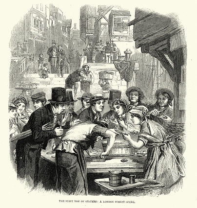 Vintage illustration People eating fresh oysters from a street stall, Victorian London, 1860s 19th Century