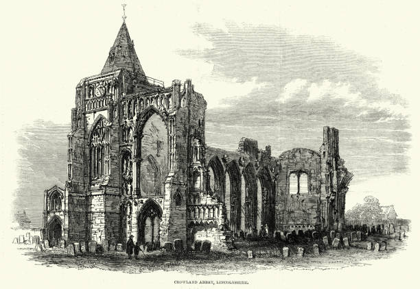 Crowland Abbey, Lincolnshire, formerly part of a Benedictine abbey church 1860s Vintage illustration Crowland Abbey, Lincolnshire, formerly part of a Benedictine abbey church 1860s Abbey stock illustrations