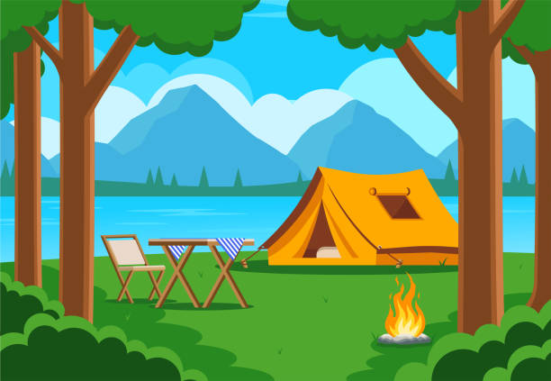 Forest camp poster with with tent, chair, table, and bonfire. Forest camp poster with with tent, chair, table, and bonfire. Concept of travel, hiking and activity vacation. Vector banner with cartoon landscape with trees, campsite on green grass and mountains on table moutain stock illustrations