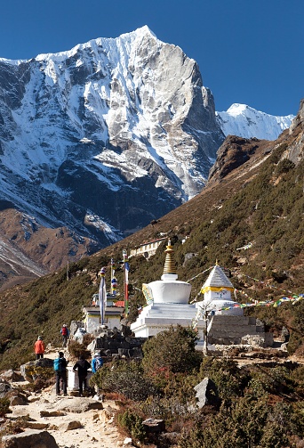 Thame gompa with Stupa and temple, Buddhist monastery in Khumbu valley on three passes trek, Mount Everest area, Sagarmatha national park, Nepal