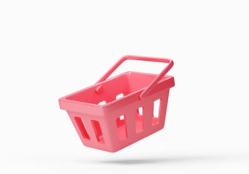Red vintage shopping basket isolated on white background. Retro design, business concept, icon, 3d render