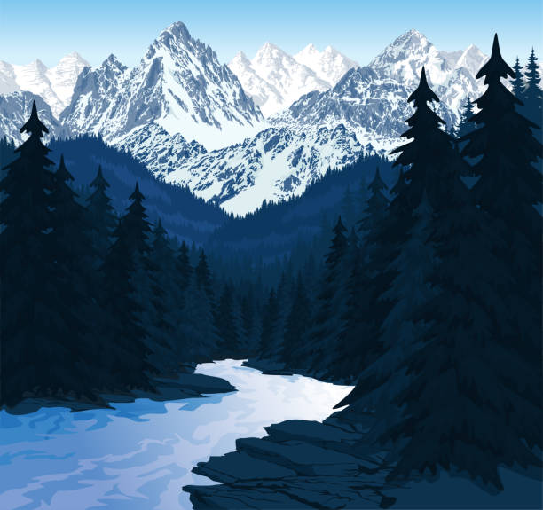 ilustraciones, imágenes clip art, dibujos animados e iconos de stock de vector mañana en hermosas montañas de los alpes con río - natural landmark winter season mountain peak