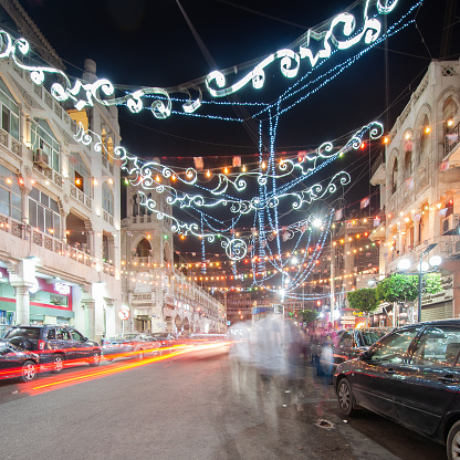 A low-angle view of a street in El-Korba during Ramadan at night. The shot was taken in Cairo, Egypt and back on May 06, 2018