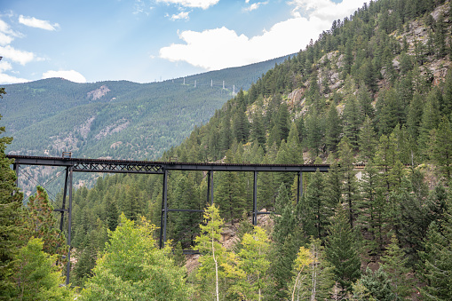 View of the famous Georgetown Loop tracks bridge in Georgetown, in the Rocky Mountains.