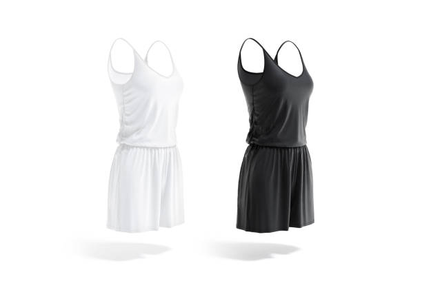 istock Blank black and white women romper mockup, side view 1389579550