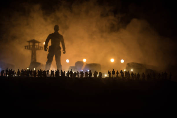 istock Creative artwork decoration war on Ukraine. Crowd looking on giant explosion and attacking soldiers. 1389579806
