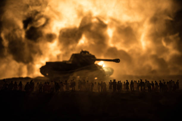istock Creative artwork decoration war on Ukraine. Crowd looking on giant explosion and attacking soldiers. 1389579809