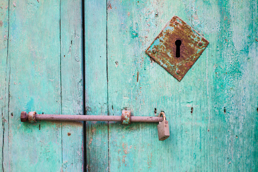 Sicily: Turquoise Green Antique Door Close-Up with Rusty Lock