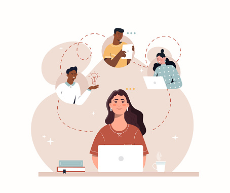 Video conference concept. Girl at laptop communicates with friends, video conference or call of remote employees, meeting and brainstorming. Social media and internet. Cartoon flat vector illustration