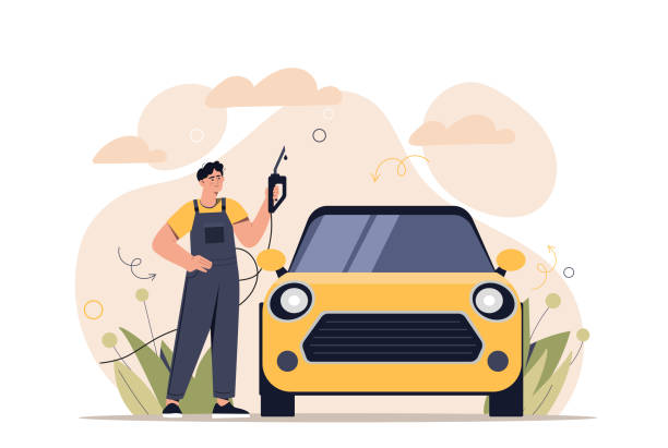 ilustrações de stock, clip art, desenhos animados e ícones de refueler next to car - car driving men people