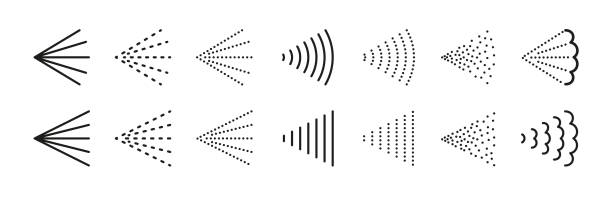 ilustrações, clipart, desenhos animados e ícones de pulverize ícones de vapor para água, perfume, tinta ou desodorante. espalhe gás ou neblina de aerossol. símbolos de spray. o bocal a vapor flui. conjunto de ilustrações vetoriais isoladas em fundo branco - espirro de tinta