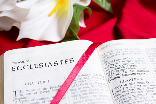 Bible Open to the beginning of the book of  Ecclesiastes, Old Testament.\nRed satin bookmark is across the page.\nBackground is a White lily on red tablecloth.